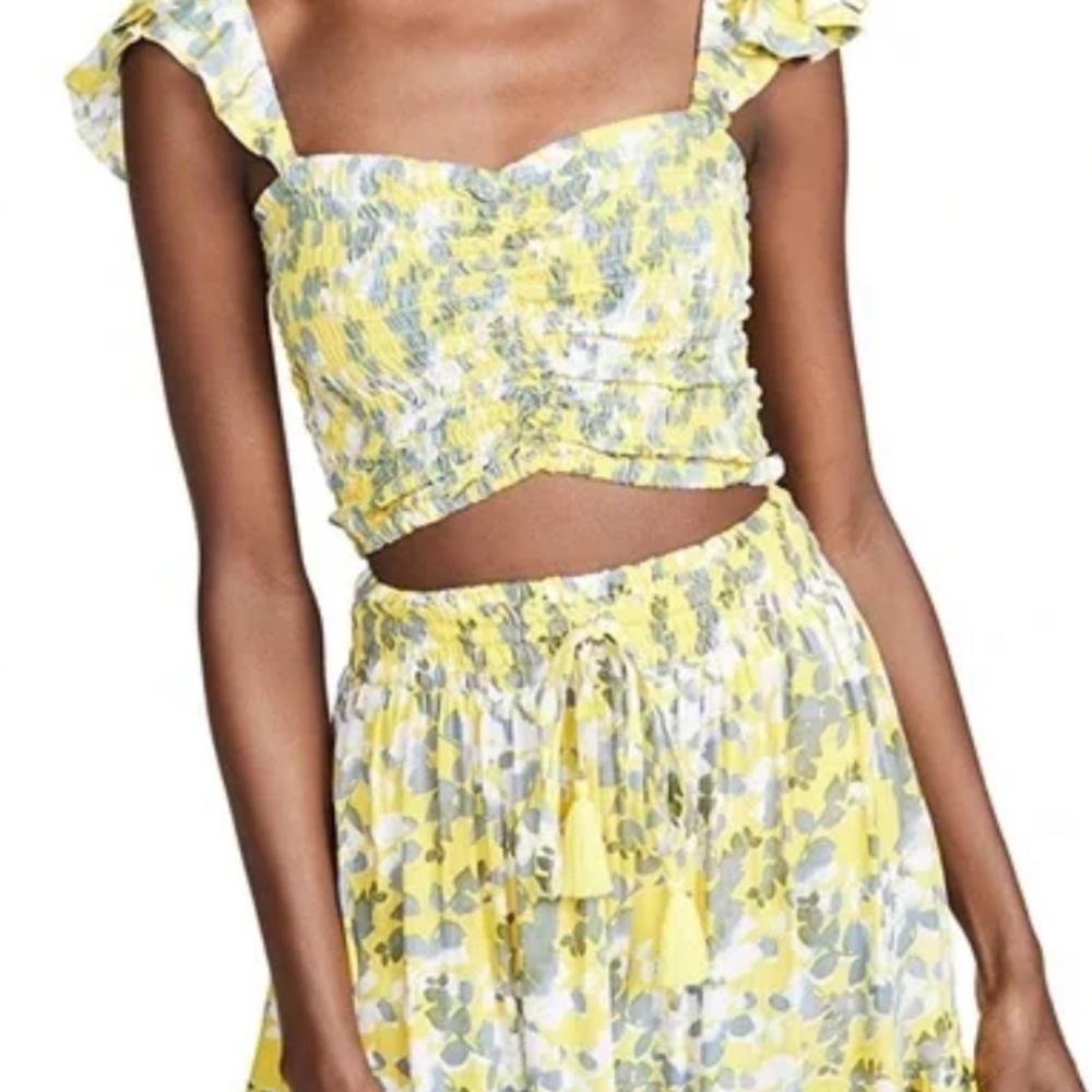 Tiare Hawaii Asymmetrical Skirt set in Yellow and Gray Floral